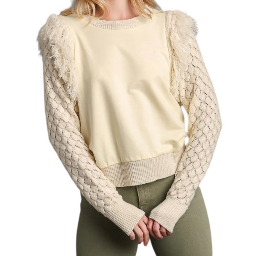 Umgee Cotton French Terry Sweater with Fringe Detail On Shoulders